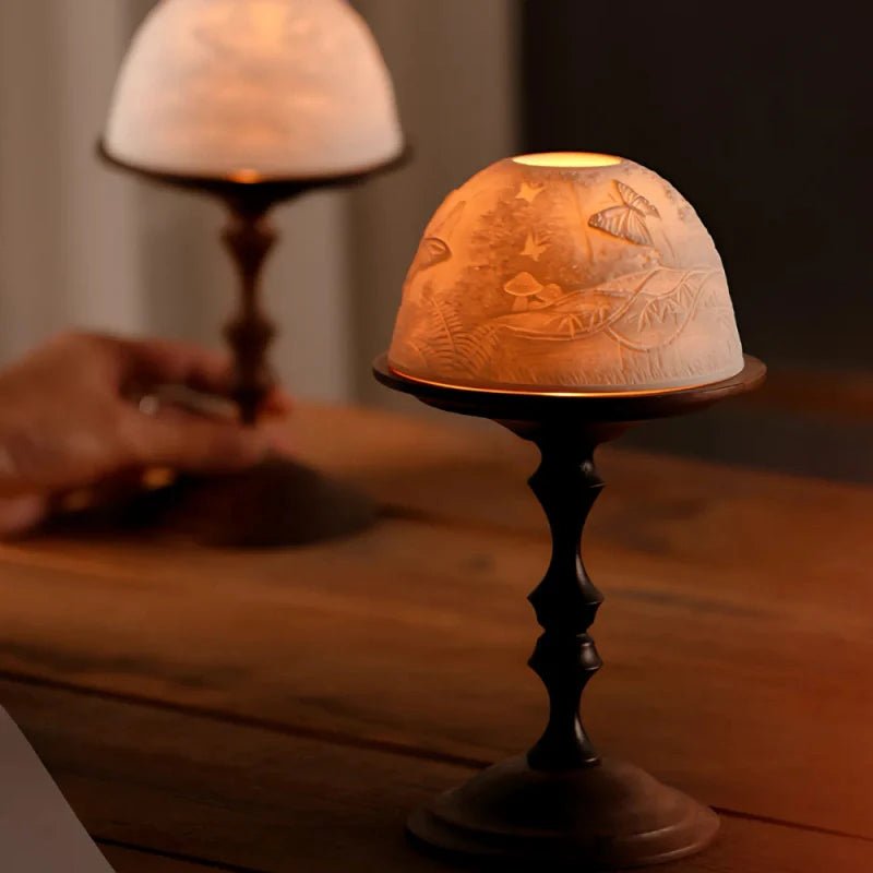 LuxRoyale Hand Carved Porcelain Dome Candle Holder With Walnut Base