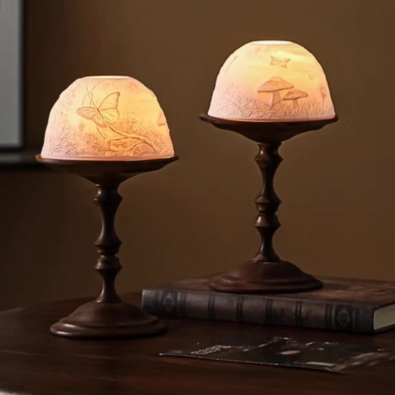 LuxRoyale Hand Carved Porcelain Dome Candle Holder With Walnut Base