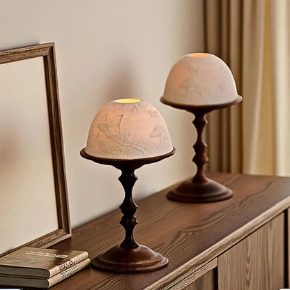 LuxRoyale Hand Carved Porcelain Dome Candle Holder With Walnut Base