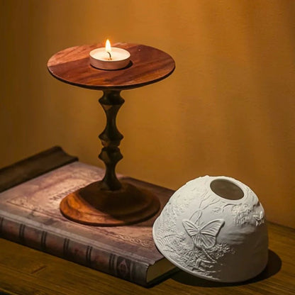 LuxRoyale Hand Carved Porcelain Dome Candle Holder With Walnut Base