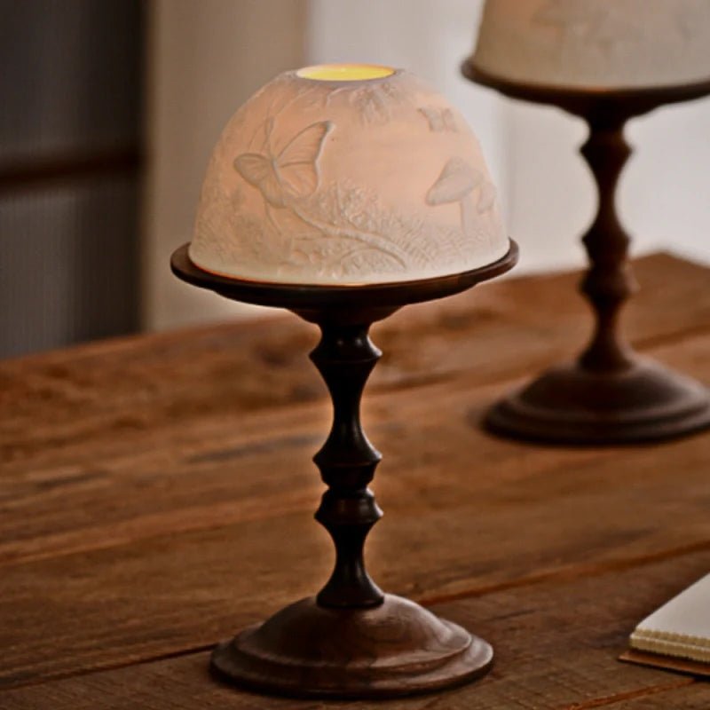 LuxRoyale Hand Carved Porcelain Dome Candle Holder With Walnut Base