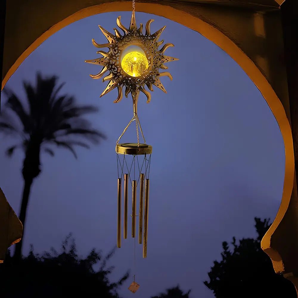 LuxRoyale Solar Wind Chime With Crackled Glass Sphere And Carved Iron Frame