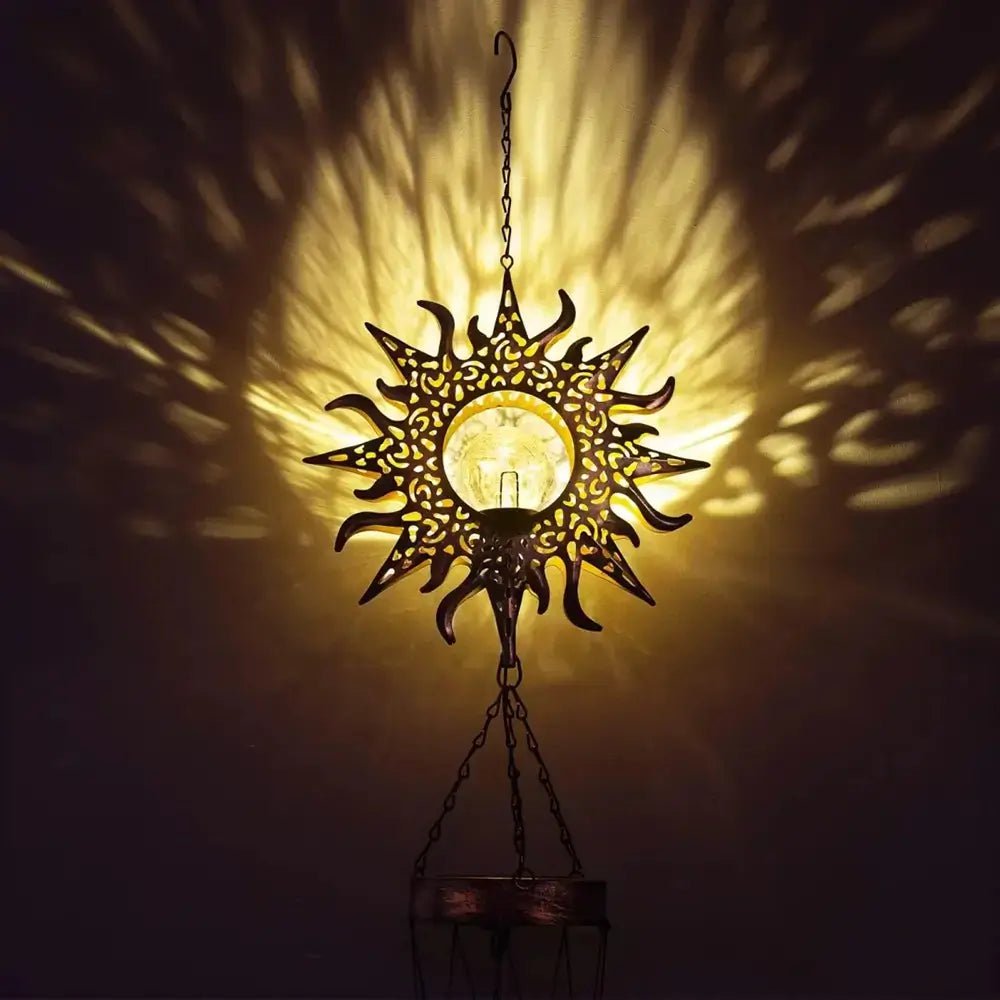 LuxRoyale Solar Wind Chime With Crackled Glass Sphere And Carved Iron Frame