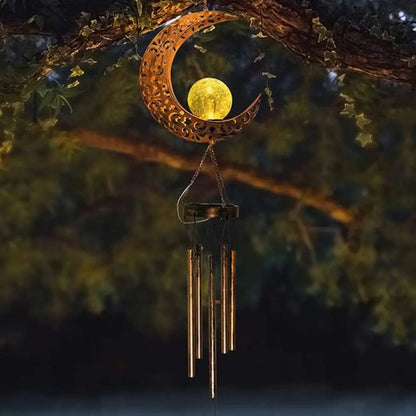 LuxRoyale Solar Wind Chime With Crackled Glass Sphere And Carved Iron Frame