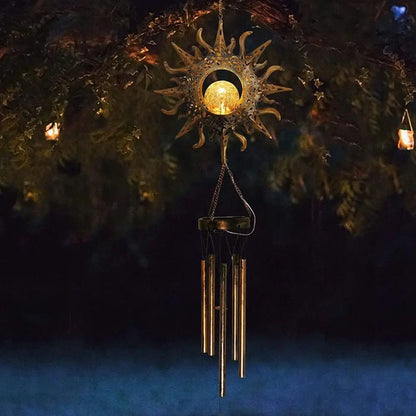 LuxRoyale Solar Wind Chime With Crackled Glass Sphere And Carved Iron Frame