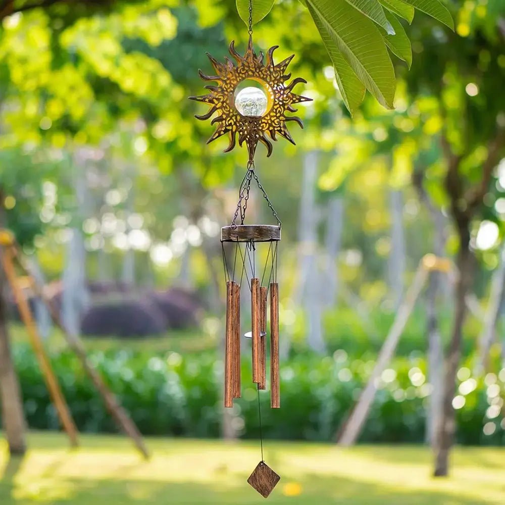 LuxRoyale Solar Wind Chime With Crackled Glass Sphere And Carved Iron Frame