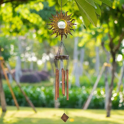 LuxRoyale Solar Wind Chime With Crackled Glass Sphere And Carved Iron Frame