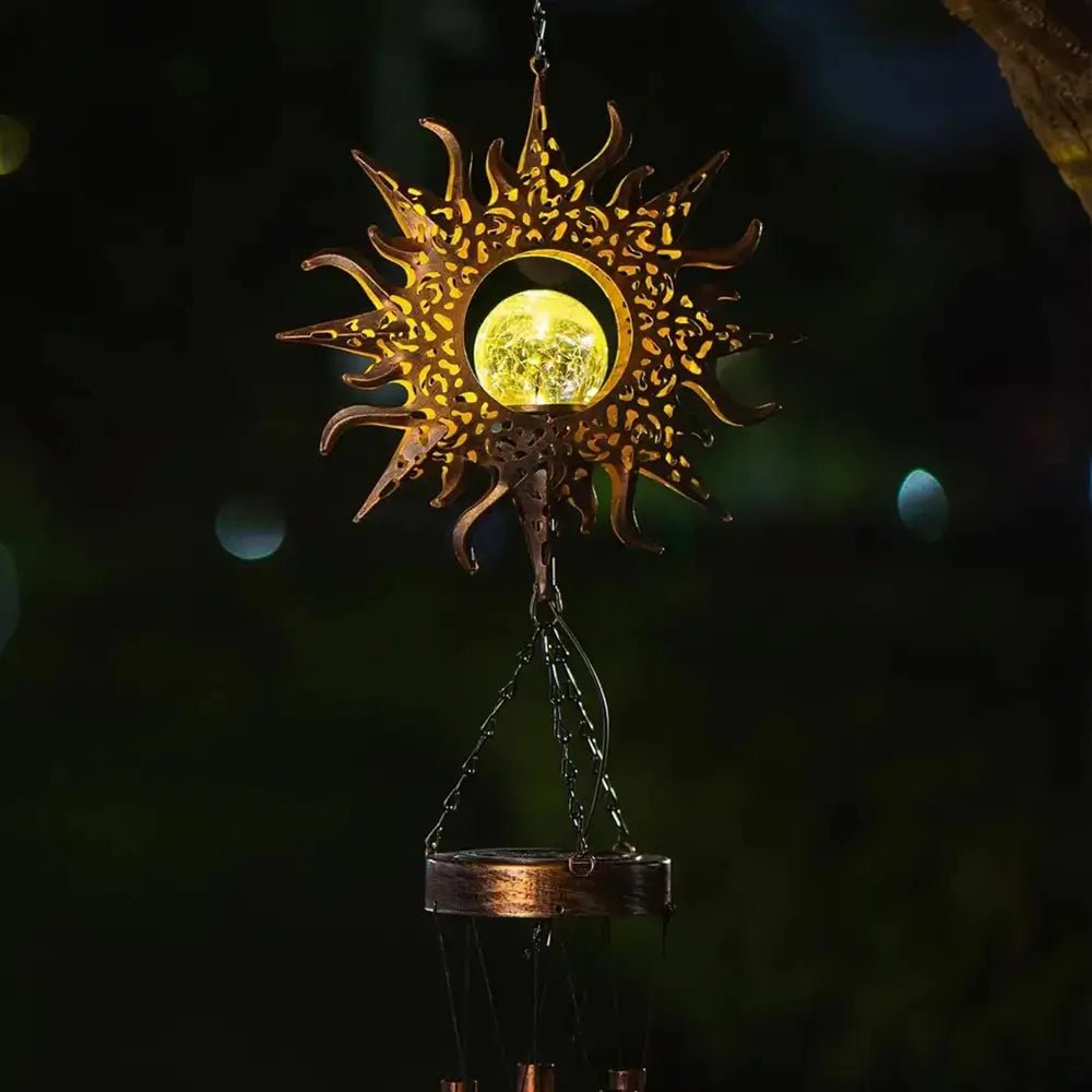 LuxRoyale Solar Wind Chime With Crackled Glass Sphere And Carved Iron Frame