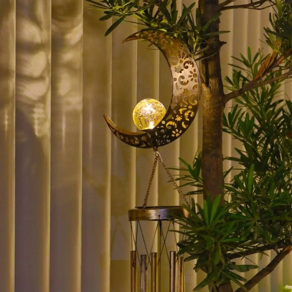 LuxRoyale Solar Wind Chime With Crackled Glass Sphere And Carved Iron Frame