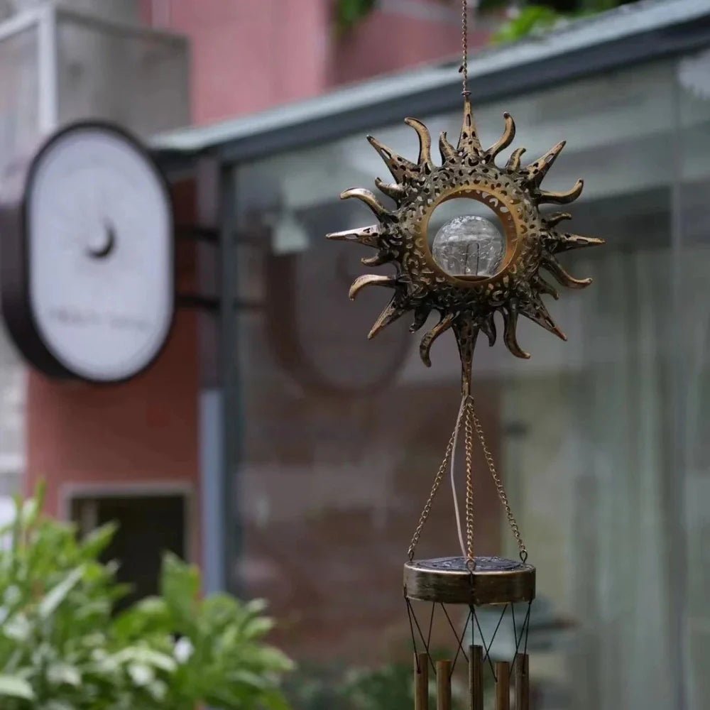 LuxRoyale Solar Wind Chime With Crackled Glass Sphere And Carved Iron Frame