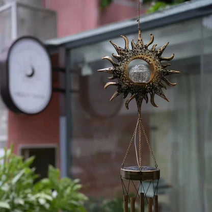 LuxRoyale Solar Wind Chime With Crackled Glass Sphere And Carved Iron Frame