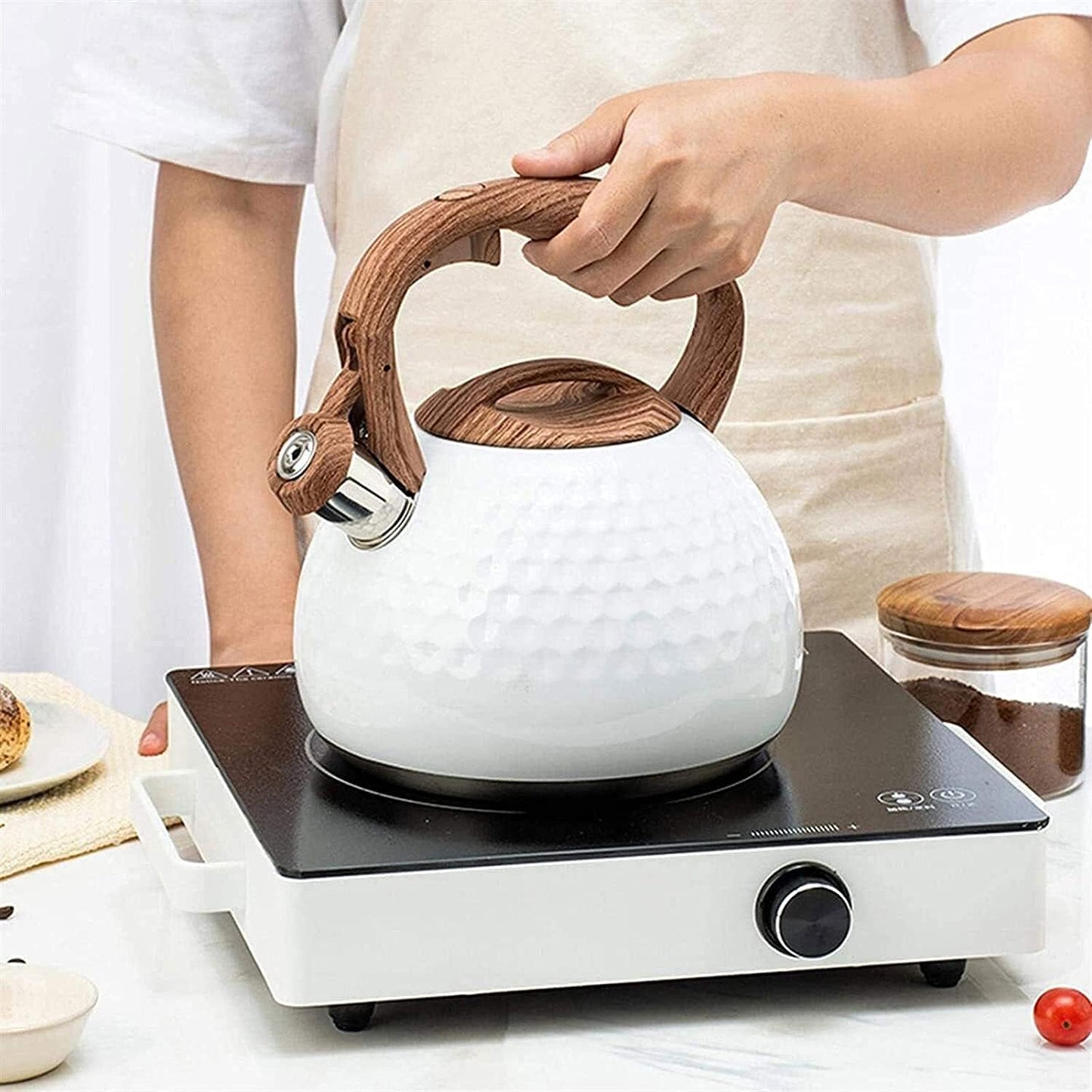 Whistling Tea Kettle 2.8 L Stainless Steel Stovetop Kettle with Wood Grain Handle 3