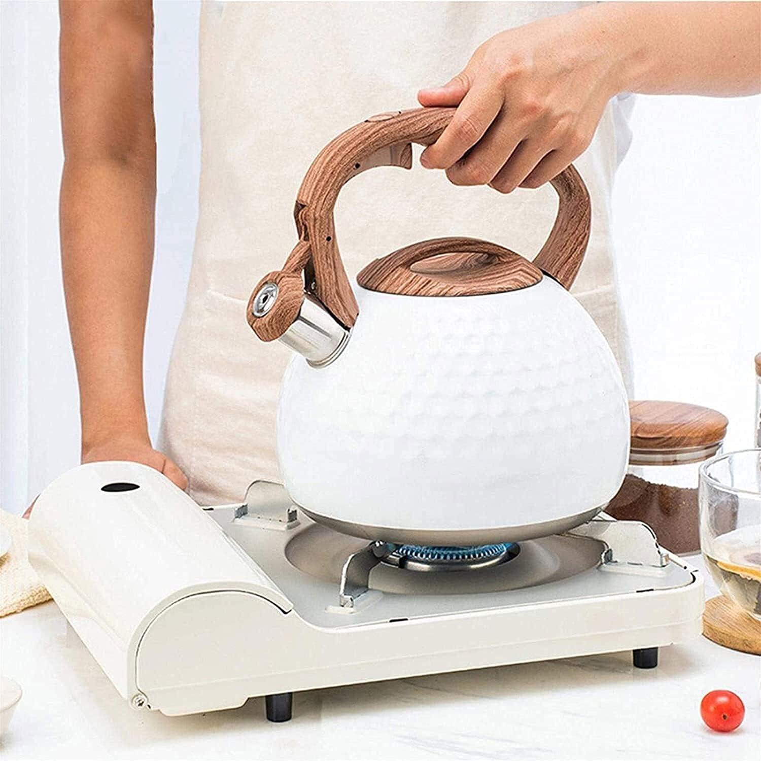 Whistling Tea Kettle 2.8 L Stainless Steel Stovetop Kettle with Wood Grain Handle 4