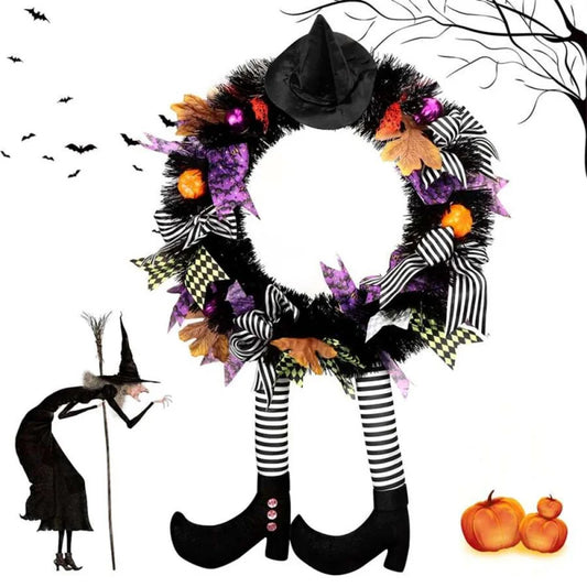 Witch Halloween Wreath Upgrade Version Witch Leg Decoration Front Door Welcome Sign Hanging Halloween Decorations for Home Party 0