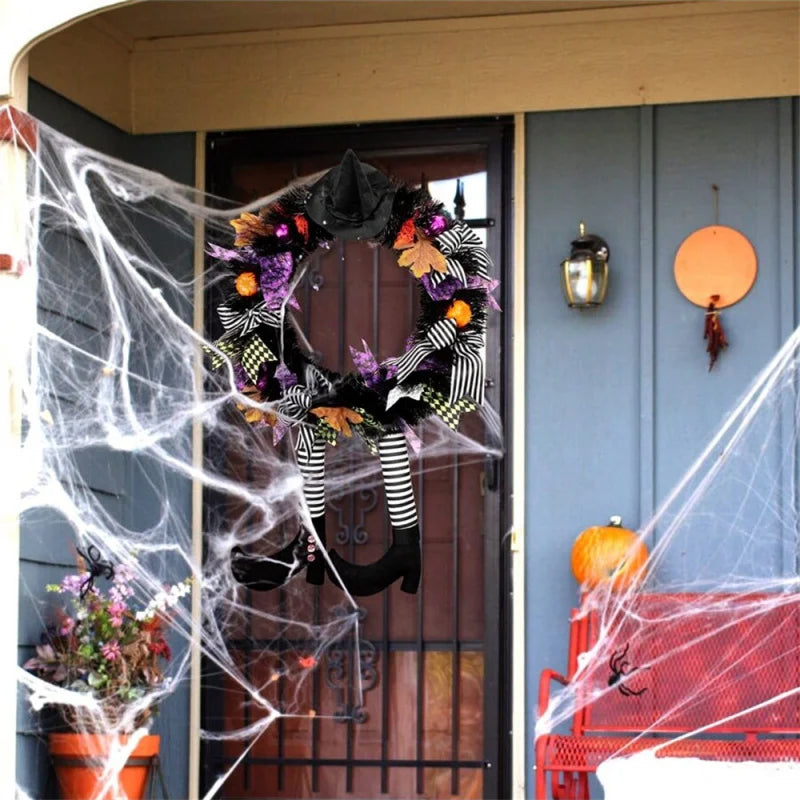 Witch Halloween Wreath Upgrade Version Witch Leg Decoration Front Door Welcome Sign Hanging Halloween Decorations for Home Party 2