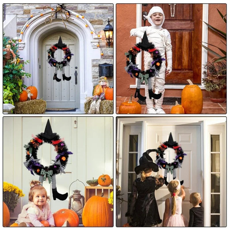 Witch Halloween Wreath Upgrade Version Witch Leg Decoration Front Door Welcome Sign Hanging Halloween Decorations for Home Party 4