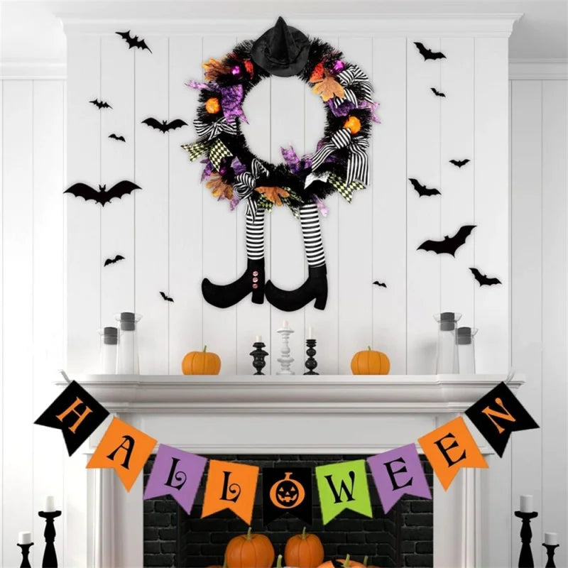 Witch Halloween Wreath Upgrade Version Witch Leg Decoration Front Door Welcome Sign Hanging Halloween Decorations for Home Party 5