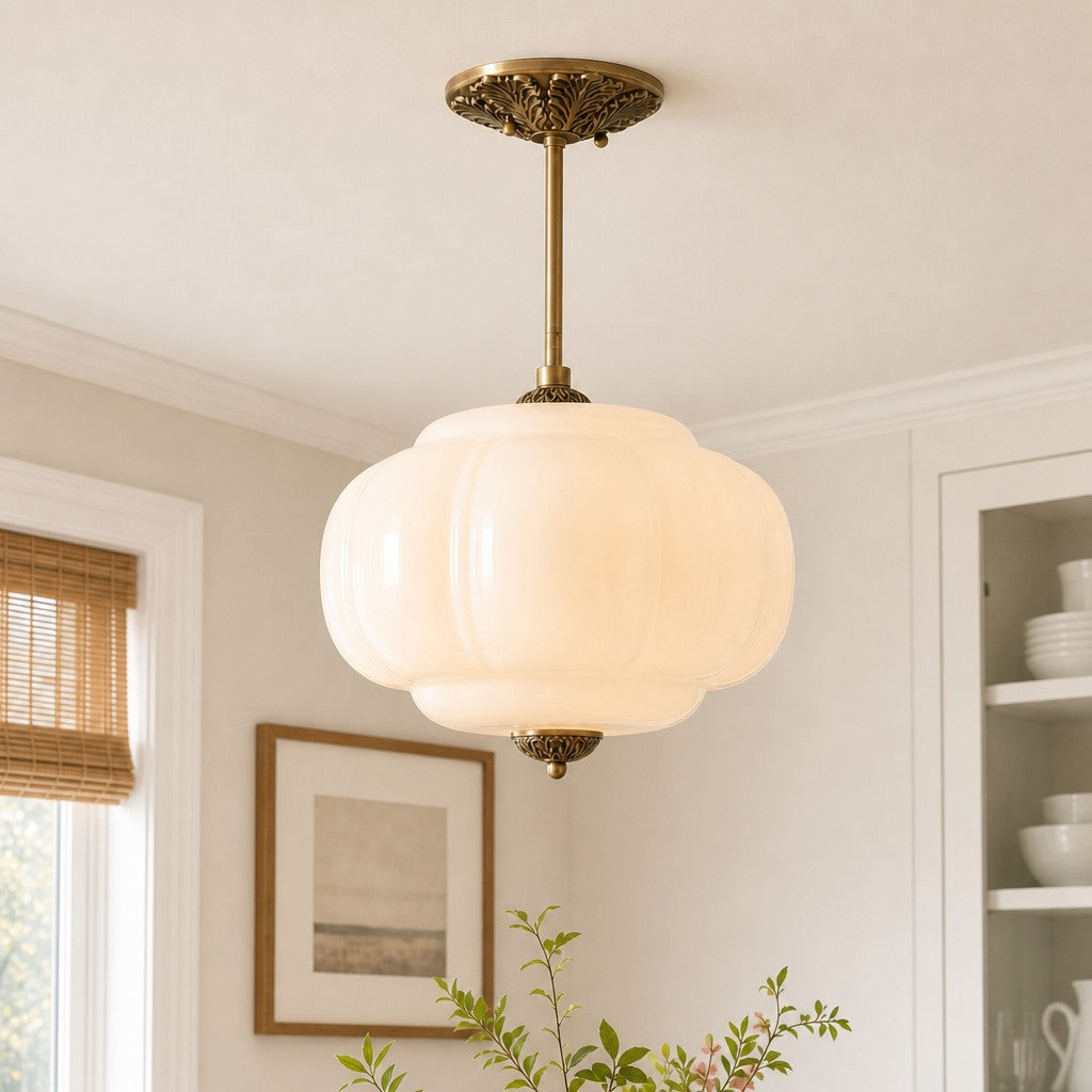 Wrene Vintage Scallop Milk Glass Semi-Flush Pendant Light 0