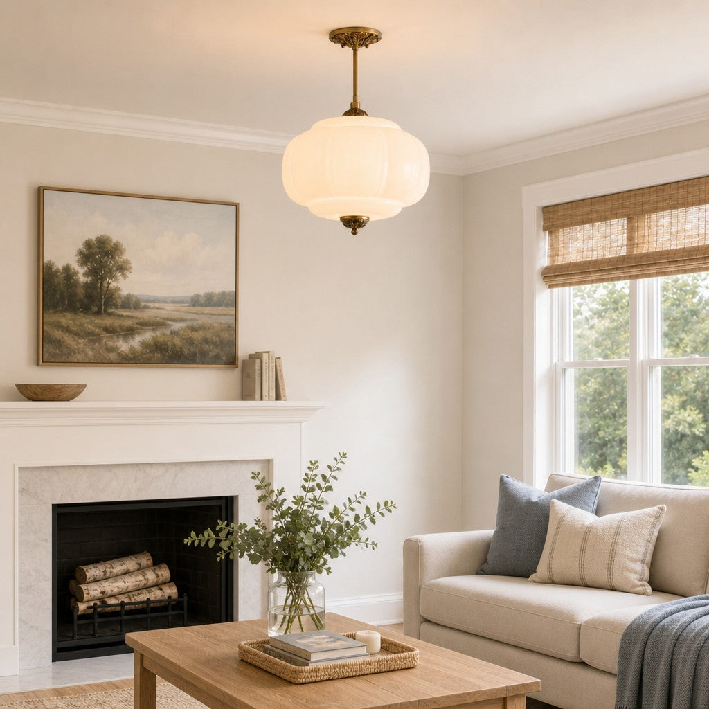 Wrene Vintage Scallop Milk Glass Semi-Flush Pendant Light 2