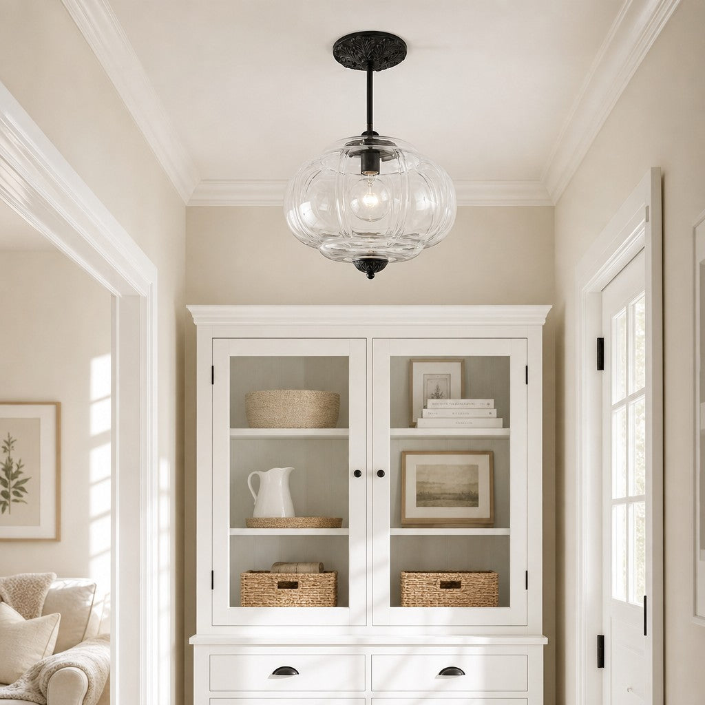 Wrene Vintage Scallop Milk Glass Semi-Flush Pendant Light 4