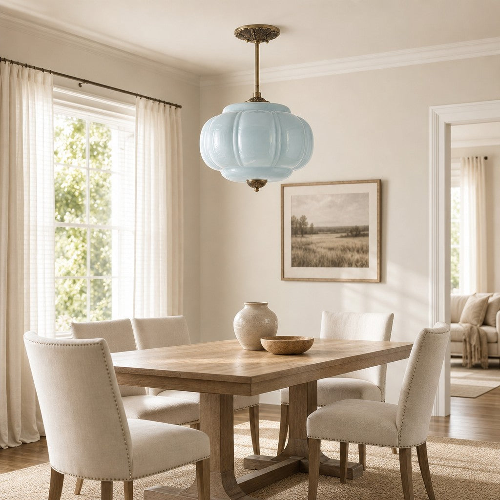 Wrene Vintage Scallop Milk Glass Semi-Flush Pendant Light 7