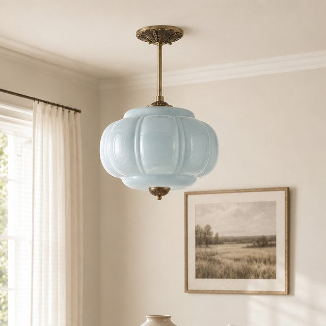 Royelux Vintage Milk Glass Semi-Flush Mount Pendant Light with Brass Accents