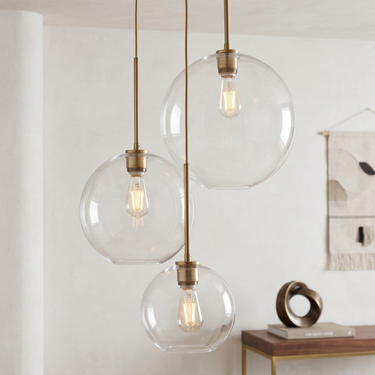 RoyaleGlow Modern Glass Globe Pendant Light Clear Brass Hanging Fixture - Royale Basic