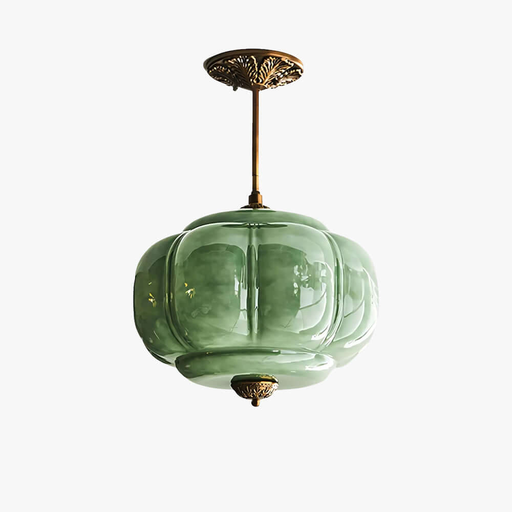LuxRoyale Green Glass Pendant Lamp With Brass Accents