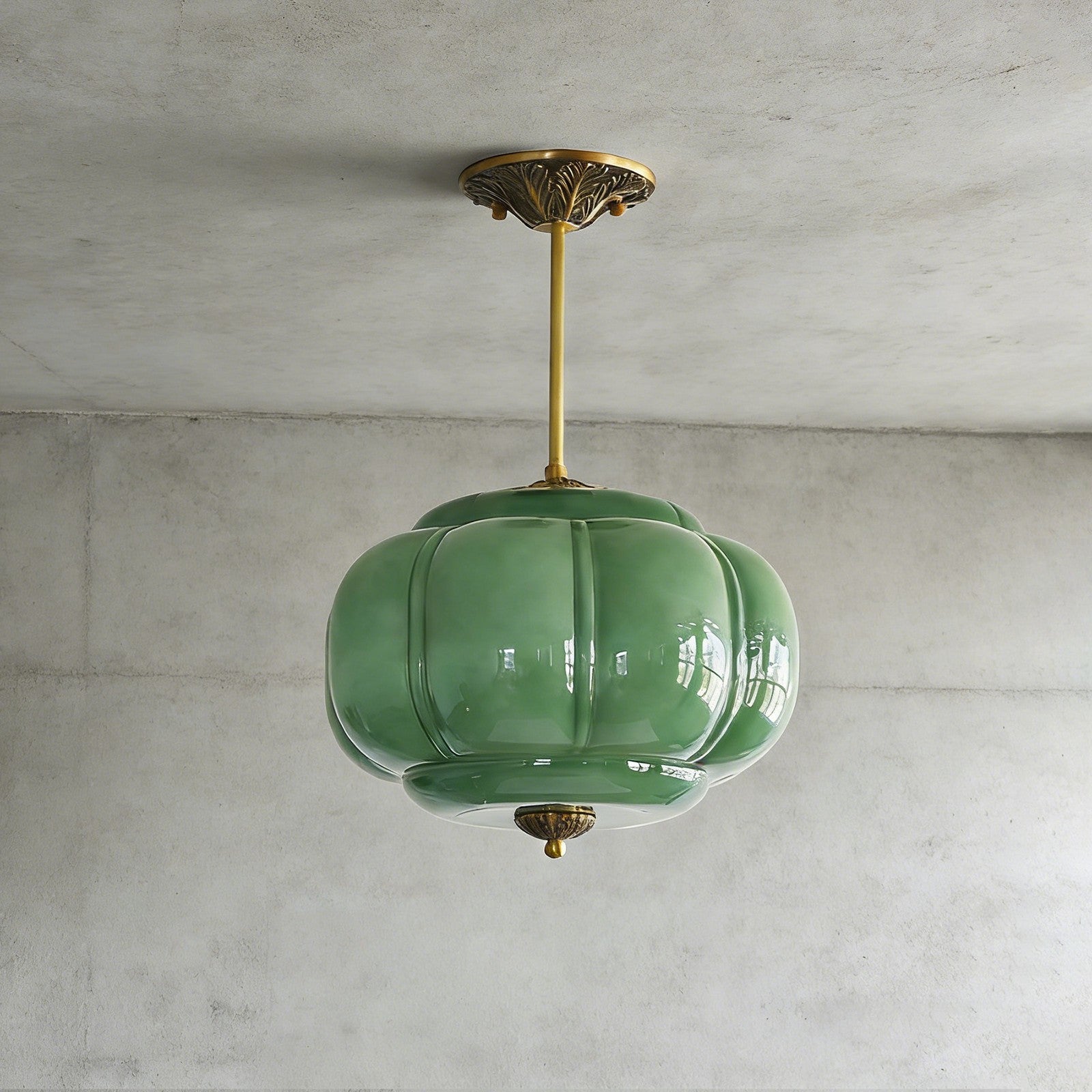 LuxRoyale Green Glass Pendant Lamp With Brass Accents