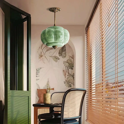 LuxRoyale Green Glass Pendant Lamp With Brass Accents