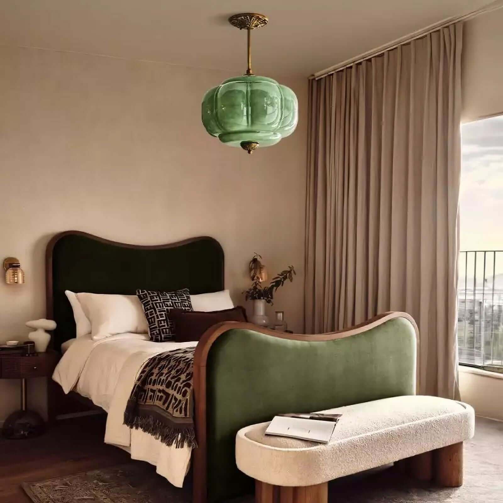 LuxRoyale Green Glass Pendant Lamp With Brass Accents
