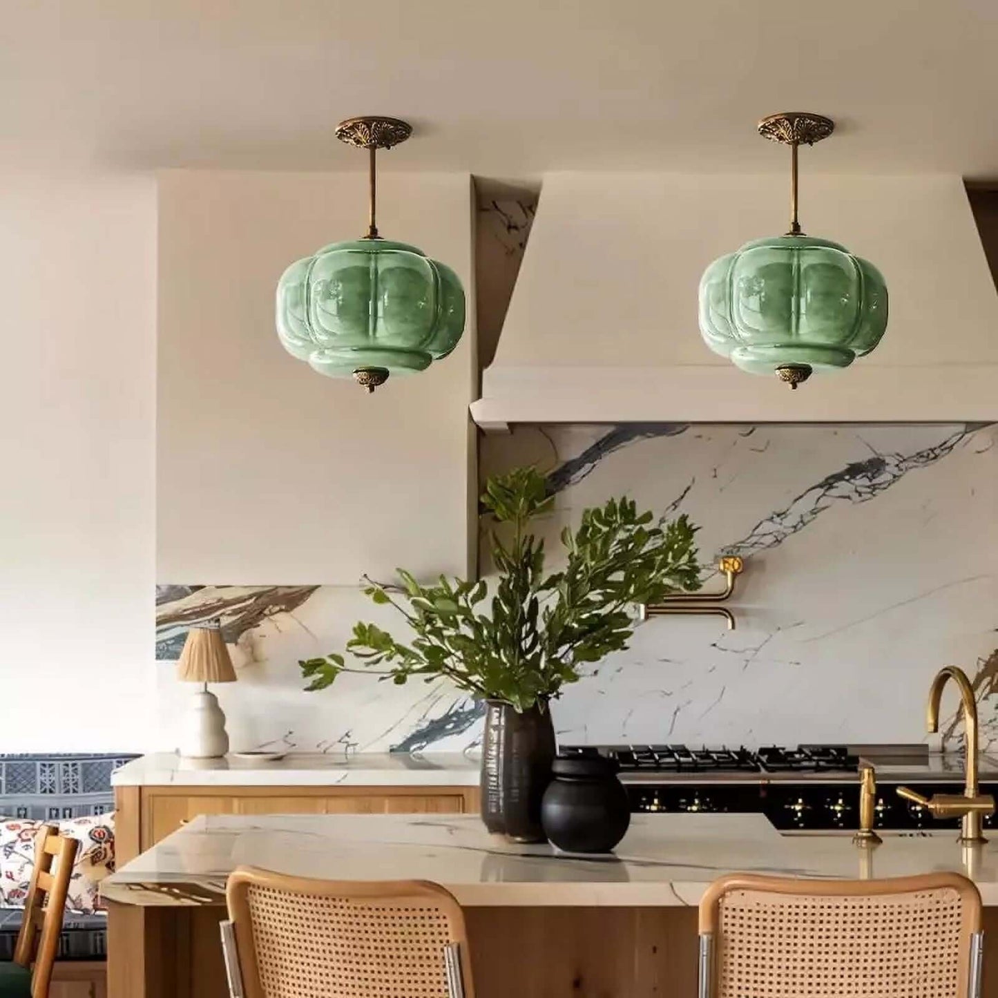 LuxRoyale Green Glass Pendant Lamp With Brass Accents