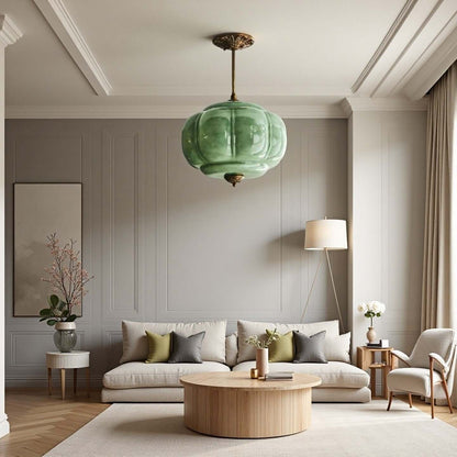 LuxRoyale Green Glass Pendant Lamp With Brass Accents