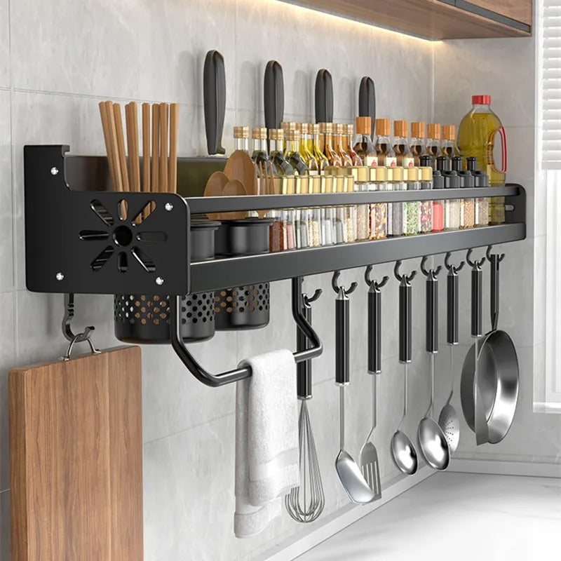 Wall-mounted kitchen storage rack organizer with widened countertop, tool slots, and movable hooks. Made from durable aircraft-grade aluminum with a ventilated design for efficient and clutter-free kitchen organization.