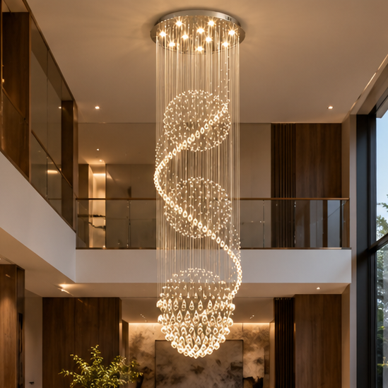 RoyaleGlow Modern Spiral K9 Crystal Chandelier - Three Sphere Hanging Light Fixture