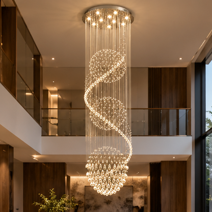 RoyaleGlow Modern Spiral K9 Crystal Chandelier - Three Sphere Hanging Light Fixture