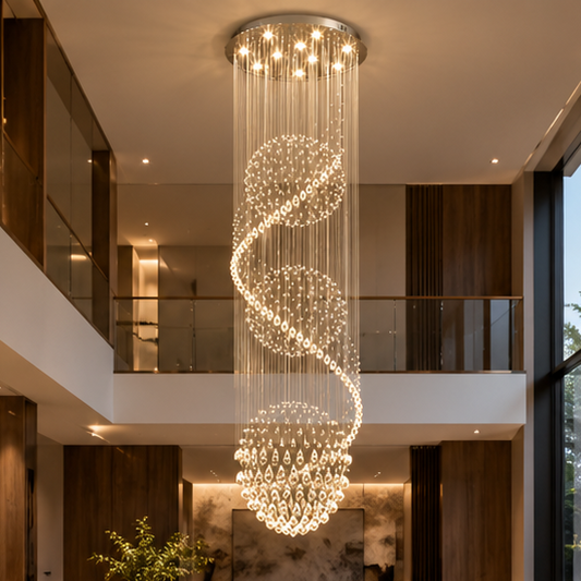 RoyaleGlow Modern Spiral K9 Crystal Chandelier - Three Sphere Hanging Light Fixture