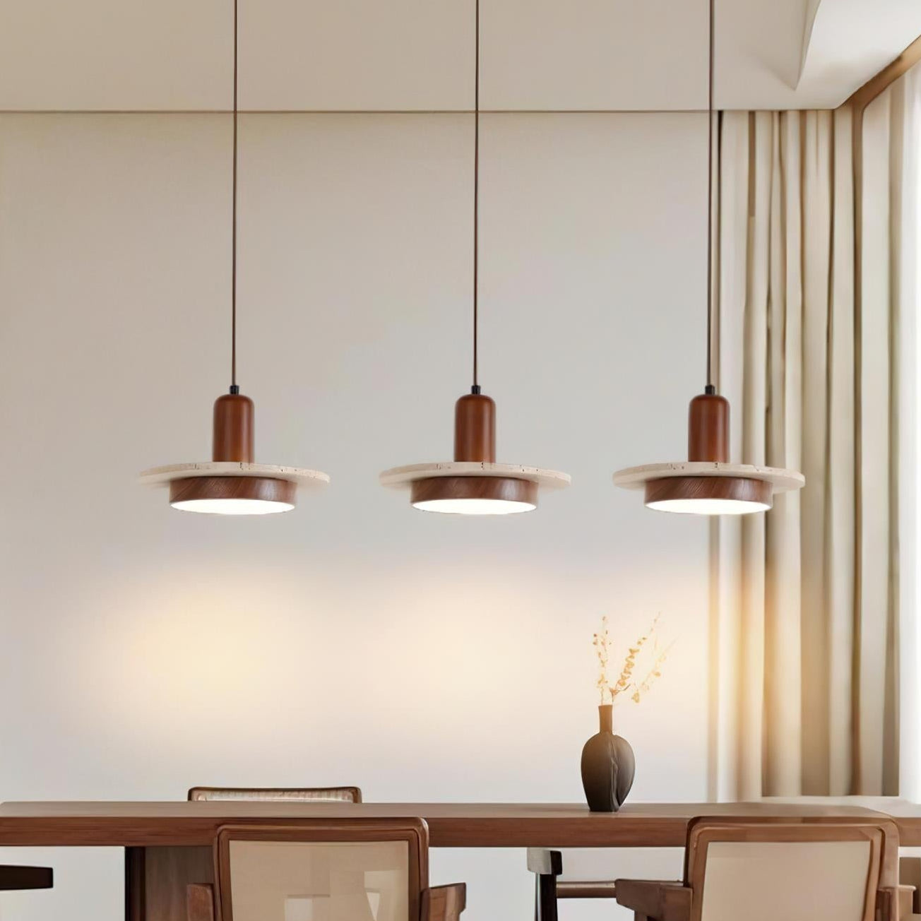 RoyaleGlow Wabi Sabi Travertine Stone & Wood Pendant Light - Modern Minimalist Lighting