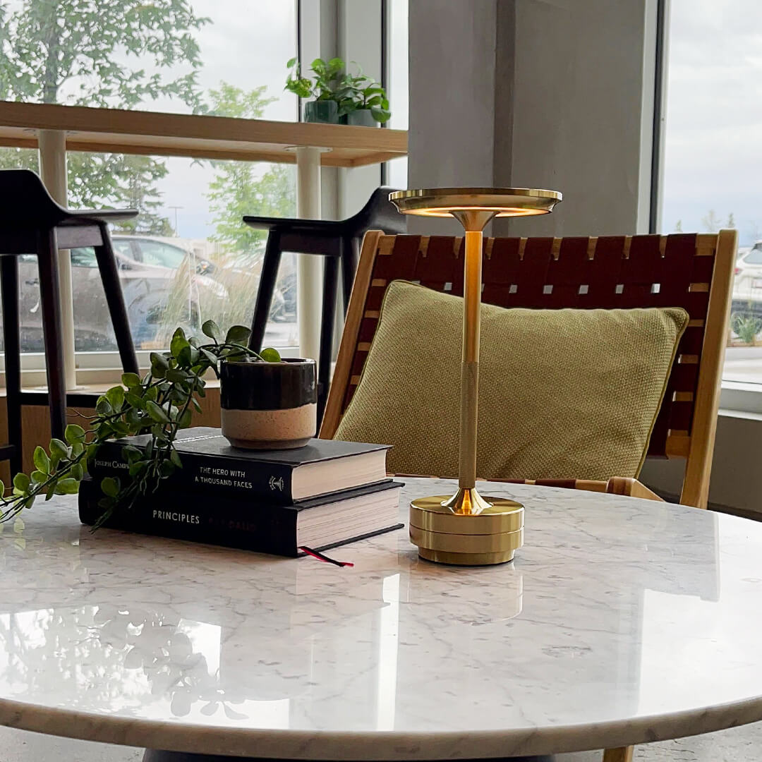 Luxlive Cordless Ambient Table Lamp - Metallic, Waterproof, Adjustable Brightness - Gold