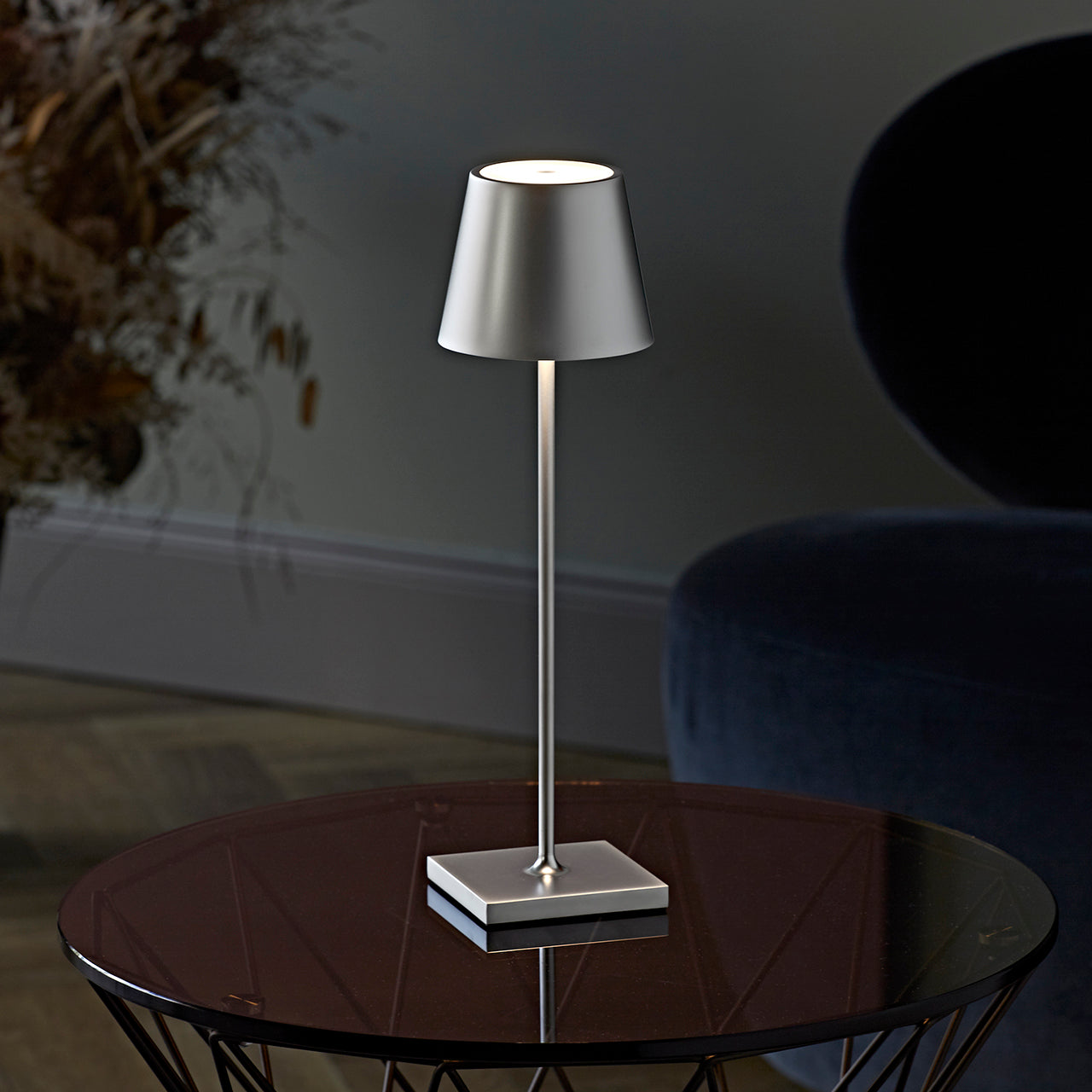 Dimmable Tall Table Lamp - Touch-Activated, USB-C Rechargeable Modern Lighting - Silver