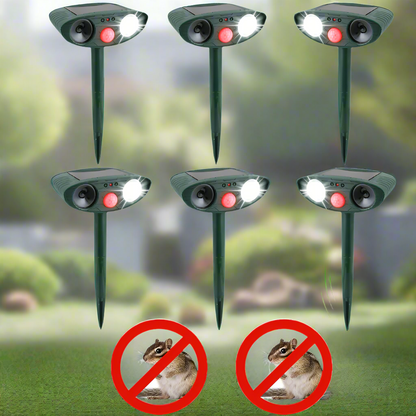 Solar-powered ultrasonic chipmunk repeller with motion-activated sensor. Covers up to 2,425 sq. ft. Eco-friendly, waterproof, and chemical-free animal deterrent for gardens, yards, and lawns.