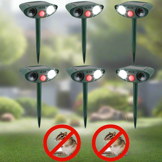 Solar-powered ultrasonic chipmunk repeller with motion-activated sensor. Covers up to 2,425 sq. ft. Eco-friendly, waterproof, and chemical-free animal deterrent for gardens, yards, and lawns.