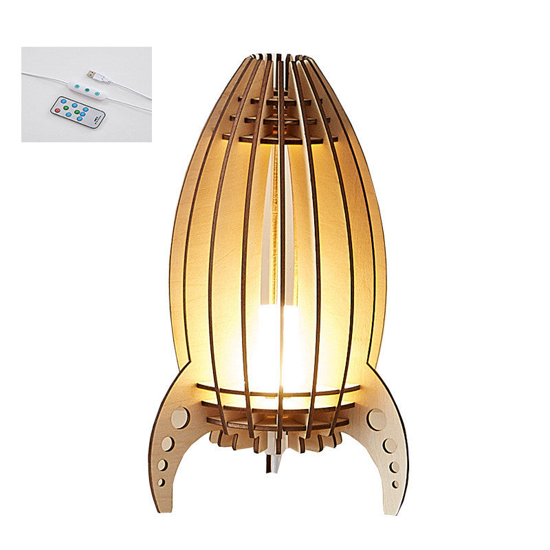 Wooden Rocket Shaped Bedside Night Lamp with Dimmable LED Light - Button