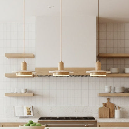RoyaleGlow Wabi Sabi Travertine Stone & Wood Pendant Light - Modern Minimalist Lighting