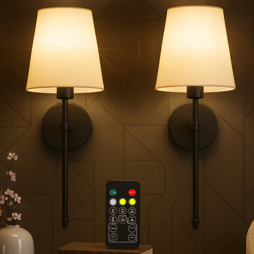 RoyaleGlow Wireless Wall Sconces - Modern Cloth Shade Set of 2 for Bedroom and Corridor