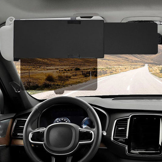 Polarized sun visor for car windshield with military-grade polycarbonate lens, blocking 95% glare for safer driving in all weather conditions.