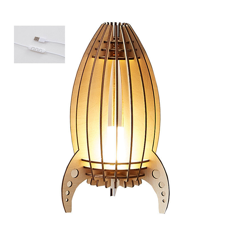 Wooden Rocket Shaped Bedside Night Lamp with Dimmable LED Light - Button