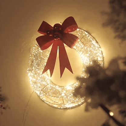 LuxRoyale Champagne Christmas Wreath – Pre-Lit LED Holiday Decor with 400 Warm Lights and Red Bow