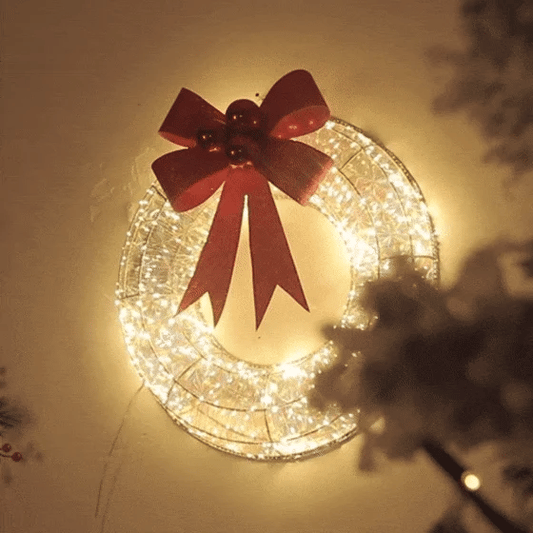 LuxRoyale Champagne Christmas Wreath – Pre-Lit LED Holiday Decor with 400 Warm Lights and Red Bow