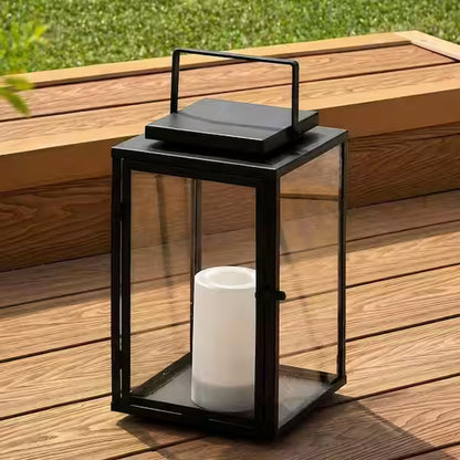 RoyaleGlow 12-Inch Solar Outdoor Lantern with Flickering LED Candle, Metal & Glass Lantern for Patio